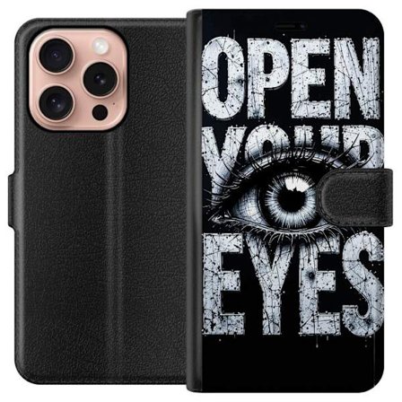 Kompatibelt Lommeboketui til Apple Apple iPhone 16 Pro Mørk typografisk illustrasjon med øye og teksten Open Your Eyes, sterk kontrast og rå kunstn
