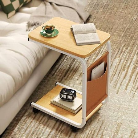 Rullbart sidebord og salongbord – C-formet salongbord i tre med oppbevaring og 360° hjul for sofa/seng