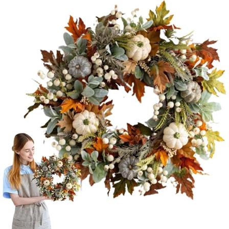Syksyn ovikranssi | 45 cm / 18 tuuman syyskranssi, syyskoristeet kotiin | Teko syyskranssi vaahteranlehdillä, kurpitsalla ja marjoilla