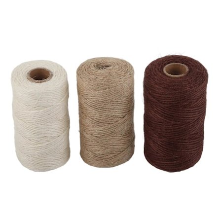 Jute Reb Flettet Snor 2mm 3 stk. til DIY Pakkeartikler i Hvid Brun og Khaki