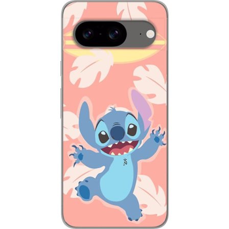 Kompatibel Mobilcover til Google Pixel 8 Glad illustration af Stitch der hopper foran lyserød baggrund med surfbræt