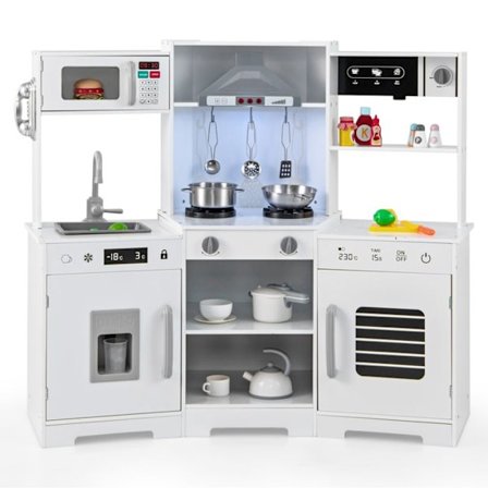 COSTWAY Køkken til Børn 3+ År - i Træ - Lyd og Lys - Opbevaringsplads - Inkluderet Tilbehør - 110 x 43 x 92 CM - Hvid