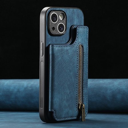 Etui til iPhone 14 Pro Max blå retro venstre og høyre flip kortholder glidelåslomme anti-fall lær