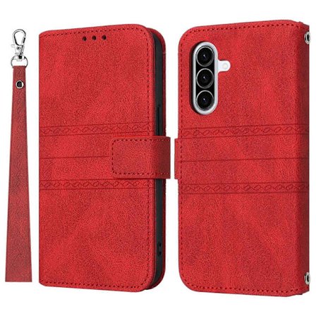 Pung Etui i Skin-Touch Læder med Tryk til Samsung Galaxy A17 5G A26 5G med Håndledsrem Rød