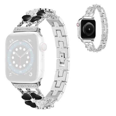 Apple Watch 42 mm - 44 mm klockarmband med strassdekor med fyra blad - Silver / Svart