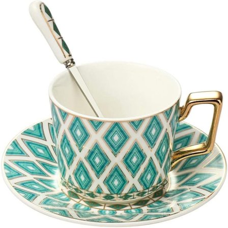 Porselenstekopp og skålsett Vintage Porselen Kaffe Kopp Sett Kaffe Krus med Skje God for Spisestue og Borddekor (Grønt Rutenett)