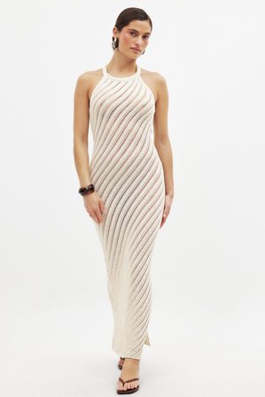 NA-KD Virkstickad maxiklänning i lurex - Stickade klänningar - Beige - S