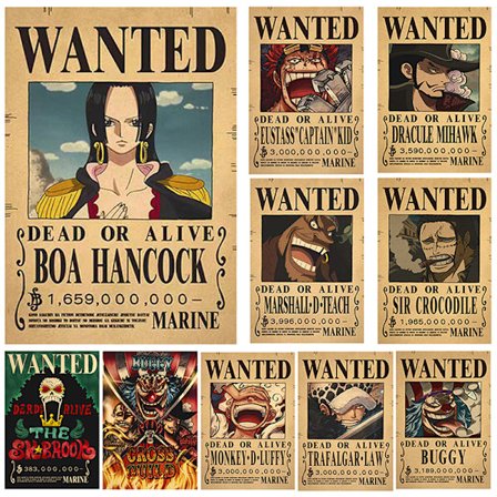 10 stk. Poster One Piece Wanted Poster Luffy Papirdekor