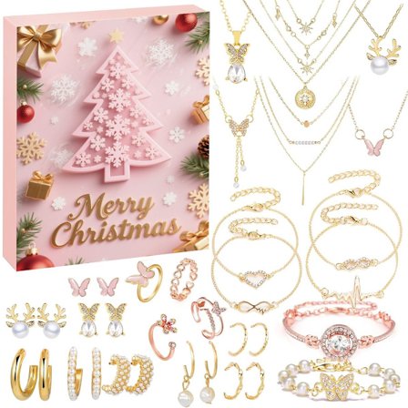 Jule Smykke Julekalender 2025 - 24-dages Jule Nedtælling med Armbånd Halskæde Ring Øreringe - Elegant Stilfuldt Julegavesæt