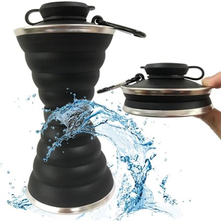 Sammenleggbar Sportsvannflaske - Gjenbrukbar Silikon med Karabinkrok, BPA-fri, Lekkasjesikker for Reise, Camping, Gym - Svart