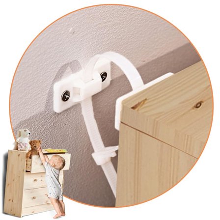 Möbelankare och remmar (6-pack) för byrå, bokhylla, hyllor och jordbävningssäker tippskydd för barn-, husdjurs- och babysäkring