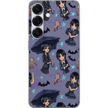 Kompatibelt Mobilskal till Samsung Samsung Galaxy S25 Onsdag Addams affisch tecknad lila bakgrund fladdermöss hand Ting gotisk söt Netflix-serie des