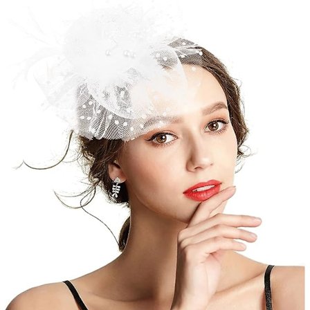 Hvit - Hatteholder, bandana og tekanne med blomster og meshbånd og fjær for jenter og kvinner,