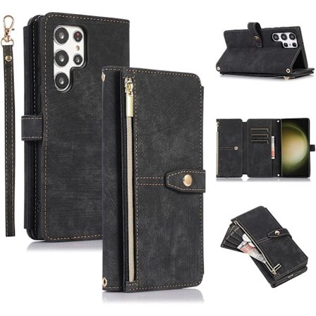 Samsung Galaxy S24 Ultra, Kortlommer Retro Lær Lommebok Støtsikkert Flip-deksel med Håndstropp Kortlommer Glidelås - Svart