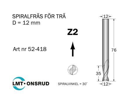 Cobolt 52-418 Spiralfræse D=12 L=35 TL=76 Z=2 S=12, Maskintilbehør & forbrugsvarer