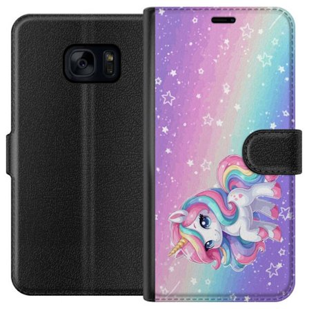 Yhteensopiva Lompakkokotelo Samsung Galaxy S7 Stitch polaroid-kehyksissä sinisillä pastellisävyillä ja suloisilla ilmeillä kollaaseissa sydämillä