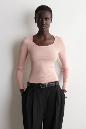 COS Women's Satin-Trimmed Cotton-Jersey Long Sleeve Top in Pink