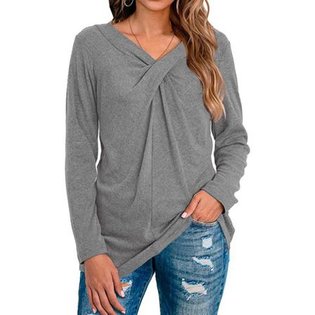 Dam Top Höst Casual Pullover Skjorta V-hals Enfärgad