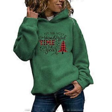 Julefleece-sweatshirts til kvinder, langærmet fuzzy sweatshirts, julegrafiktrøjer, afslappet sød pullover-top med hætte Grøn M