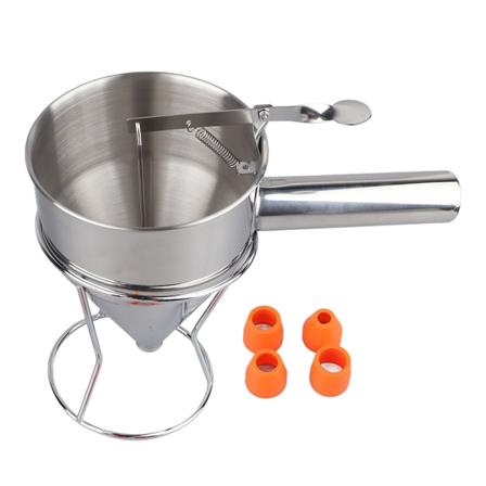 Taikinakauha ruostumattomasta teräksestä, pannukakkutaikinakauha, jossa 18 mm 4 kpl silikonisuutinta pannukakkuja ja muffinsseja varten