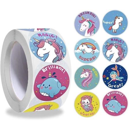 Cartoon Unicorn Belöning Stickers, 500 st 1 tum Mermaid Princess Sticker för flickor