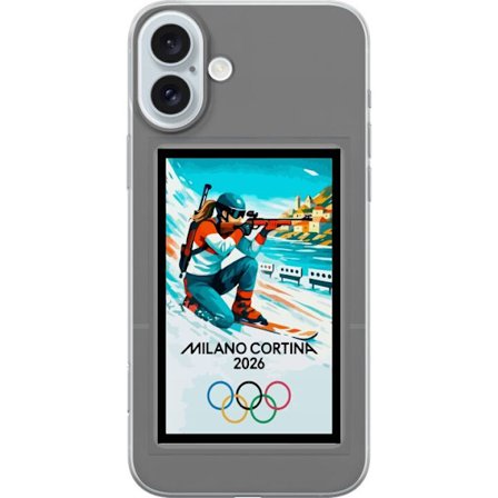 Kompatibelt Mobildeksel til Apple iPhone 16 Plus Retroplakat Cortina Milano 2026 med fjell, vintersportsutøvere, italienske trikolor, Milano-katedrale