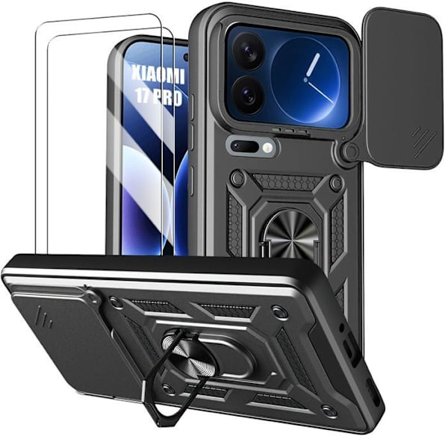 Cover til Xiaomi 17 Pro, Hård med Ring og Kamerabeskyttelse - Sort - 2 Tempered Glass