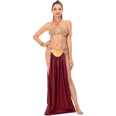 aufo Vuxen Princess Leia Slave Outfit Bikini Karneval Cosplay Kostym Klänning Guld BH Halloween Kostym för Kvinnor Röd Stor