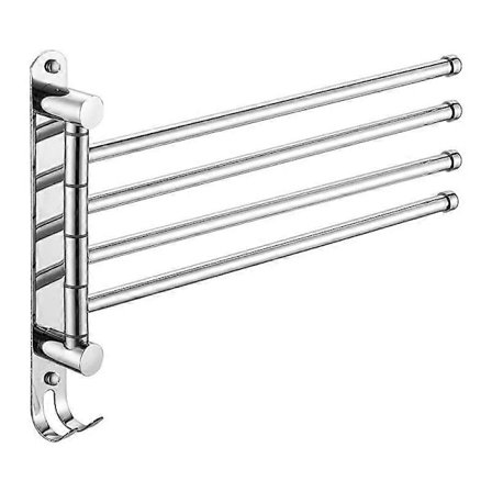 Håndklædeholder med 4 180° roterende stænger i SUS304 rustfrit stål, vægmonteret håndklædeholder, håndklædetørrer til badeværelse, køkkenvask - Sølv