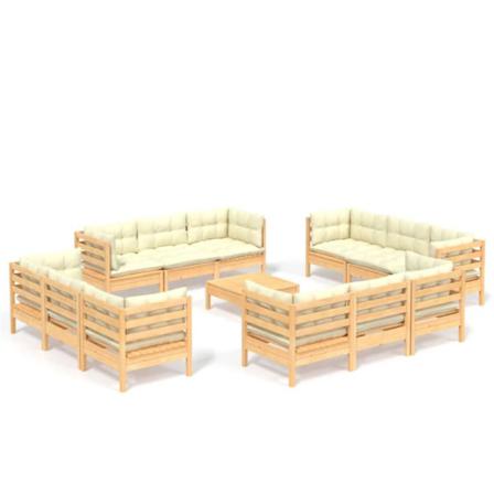 Vidaxl Loungegrupp Med Gräddvita Dynor 13 Delar Massiv Furu Creme