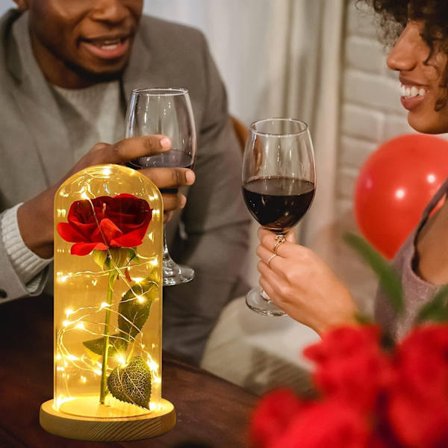 Evig Rose, Kunstige Blomster under Klokke, Magisk Rose med LED Lysstrimmel, Gave Rose til Fødselsdag, Valentinsdag, Morsdag og Jubilæum