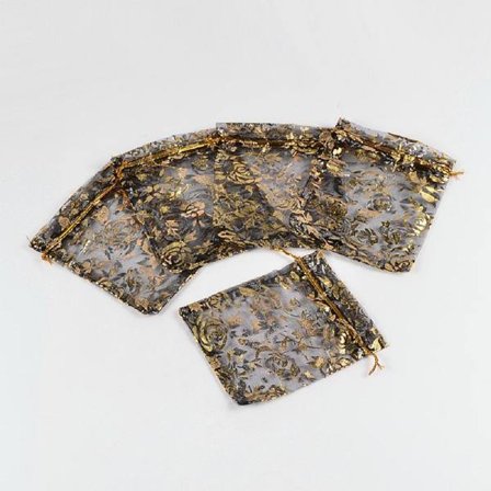 10 st Handsydda Svarta organza påsar c.a 10x12 cm. med guld blommor