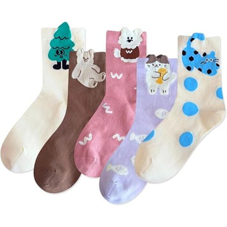 5 Par Dame Søde Dyreprint Sjove Nyhed Bomuld Crew Sokker, 03
