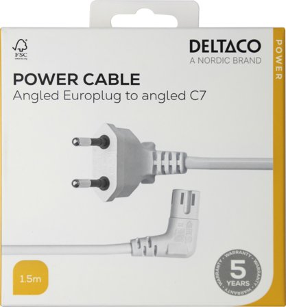 Deltaco Power cord CEE 7/16 - C7 angled, 1,5m, white