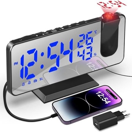 Loftprojektor Vækkeur, Loftprojektion Vækkeur Radio, med 7,5 tommer Spejlskærm, Temperaturvisning og USB-port