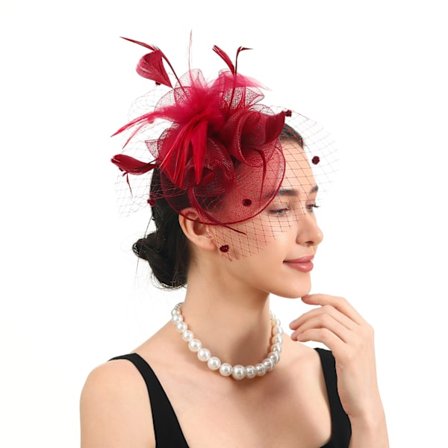 Fjäder Mössa Håraccessoar, Mesh Vintage Huvudblomma Bal - Vinröd