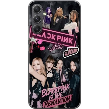 Yhteensopiva Puhelinkuori Samsung Galaxy A16 5G BLACKPINK kollaasi esiintymiskuvilla, kruunu, valotikut ja teksti Blackpink Is The Revolution tummassa