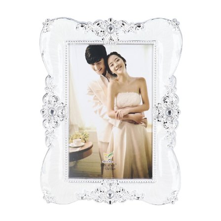 Moderni valkoinen muovinen valokuvakehys työpöydälle jalustalla toimistoon, työhuoneeseen ja makuuhuoneeseen