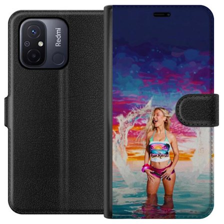 Kompatibel Tegnebogsetui til Xiaomi Redmi 12C Blond kvinde i farverigt strandtøj, der leger i havet ved solnedgang