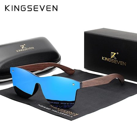 KINGSEVEN Håndlavede Solbriller til Mænd Polariseret Valnøddetræ Øjenbryn Kvinder Spejl Vintage Oculos de sol masculino UV400 Blå valnød træ