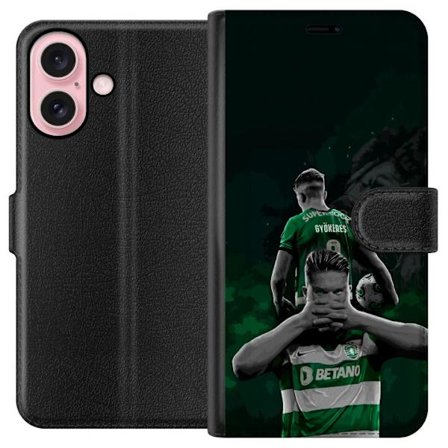 Yhteensopiva Lompakkokotelo Apple iPhone 16 Neonmotiivi, jossa teksti "Gaming is in my DNA" sinisenä ja punaisena tiiliseinällä, jossa loistava DNA-sp