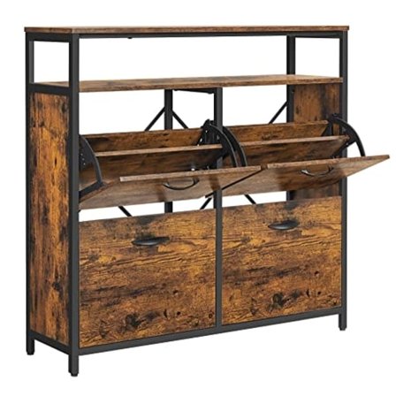 Kenkäteline 4 läpällä, kenkäteline, kenkien kippikaappi eteiseen 12-20 parille kenkiä, 98,3 x 30 x 95 cm, vintage ruskea/musta