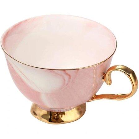 Marmor Keramisk Kop og Underkop Sæt Kamelia Mønstret Benporcelæn Kaffekrus Tekop Guldkant med Kaffekop, Underkop og Ske, 200ml (Pink)
