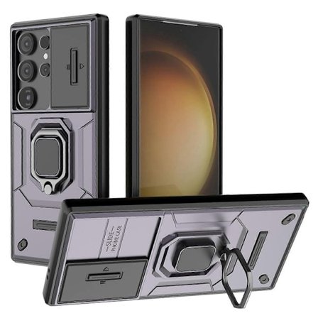 For Samsung Galaxy S24 Ultra Mobile Case Anti-fall PC+TPU Stand Protective Shell with Sliding Lens Protection (Purple)