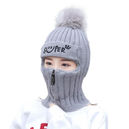 Mössa Dam Vinter Stickad Ullmössa Varm Vadderad Mössa - Grå