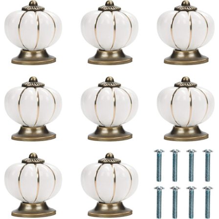 Hvite og gull keramiske møbelknotter med skruer i gresskarform (pakke med 8) - 4 x 4 cm - Vintage runde møbelknotter - kompatible hjem, kontor, 