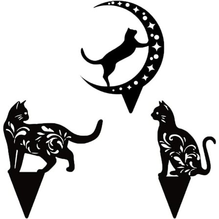 3 stk. Hagedekorasjon med katter, Metall Svarte Kattestatuetter, Kunstgress
