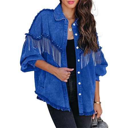 Afslappet denimjakke med frynser til kvinder mørkeblå