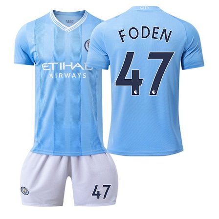 23-24 Manchester City Hjemme Børne- og Voksen Fodboldsæt Nr. 47 Phil Foden Nr. 47 Phil Foden