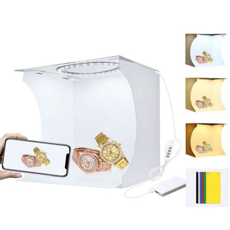 Justerbar Ljus Fotostudio Box, Mini Foto Ljusbox, Portabel Fotograferingsljus softbox 6 Färg Bakgrund kit med Ring Vitt Ljus 6500K Varm